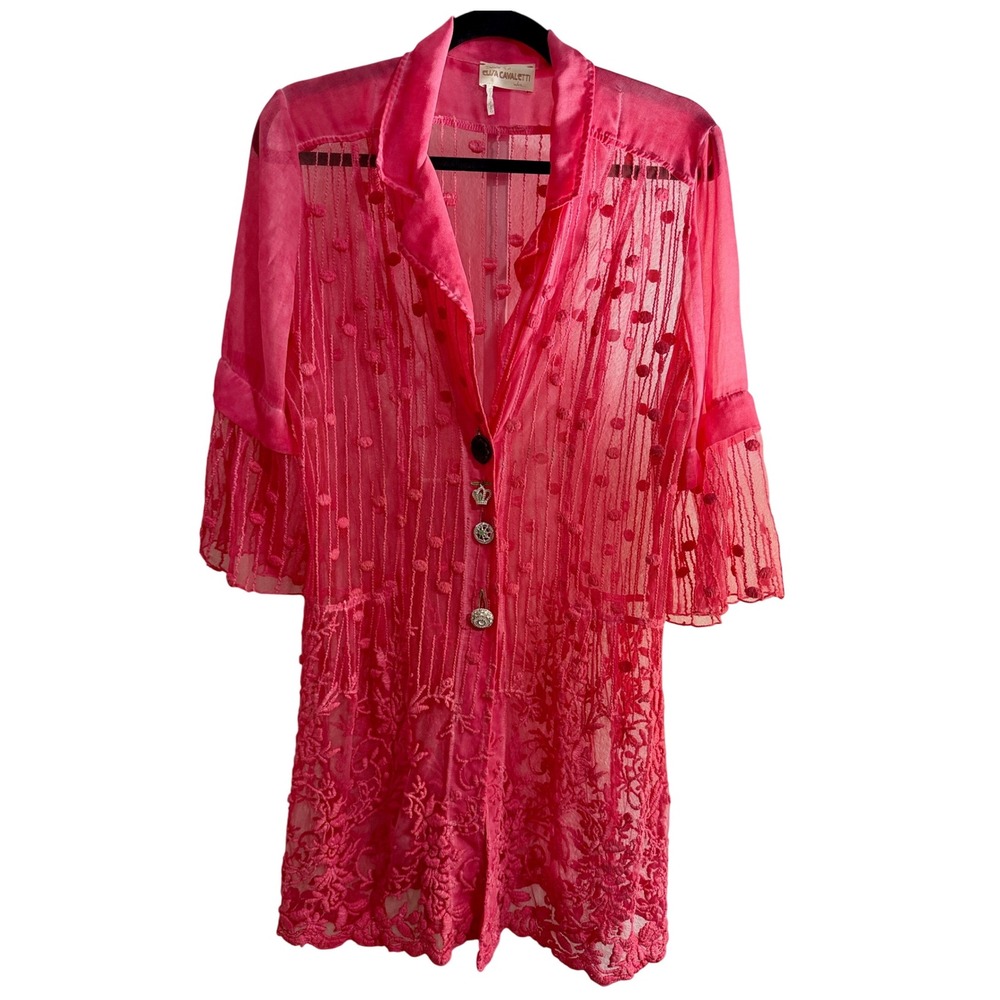 Elisa Cavaletti Italian‎ Embroidered Mesh Duster Pink Sheer Boho Artwear Button